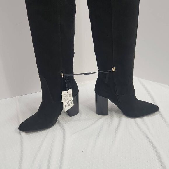 Zara Black Suede Over the Knee Boots Block Heel Women's Size 7.5 US / 38 EU - Picture 3 of 12
